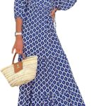 miduo Womens Loose Fit Casual Summer V Neck Half Sleeve Bohemian Geometric Pattern Maxi Long Dresses
