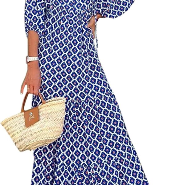 miduo Womens Loose Fit Casual Summer V Neck Half Sleeve Bohemian Geometric Pattern Maxi Long Dresses