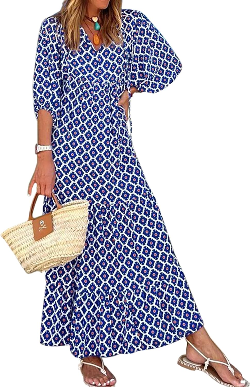 miduo Womens Loose Fit Casual Summer V Neck Half Sleeve Bohemian Geometric Pattern Maxi Long Dresses miduo Womens Loose Fit Casual Summer V Neck Half Sleeve Bohemian Geometric Pattern Maxi Long Dresses