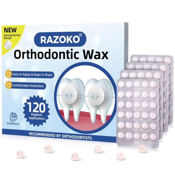 RAZOKO 120 Pcs Strawberry Scented Orthodontic Wax for Braces, Pre-Cut Individual Hygienic Dental Wax Dots, Food-Grade Relief Wax for Brackets & Aligners