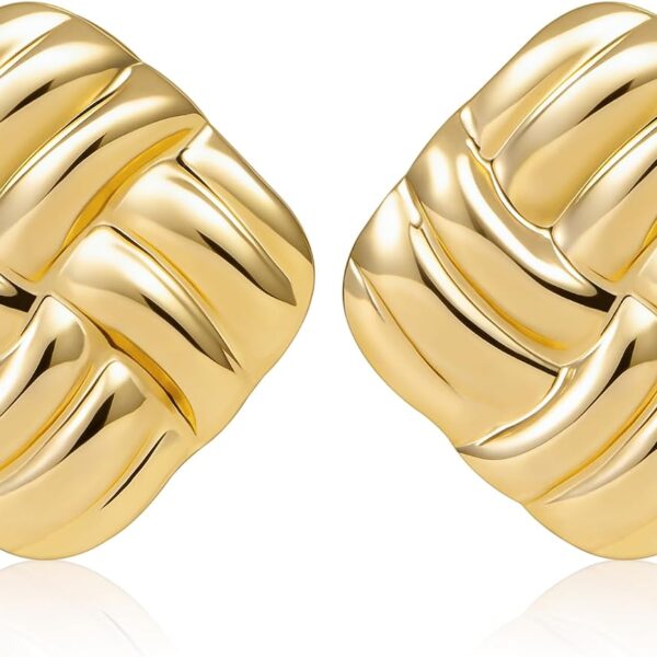 Chunky Gold Square Stud Earrings for Women Vintage Textured Statement Earrings 18K Gold Plated Stainless Steel Hypoallergenic Jewelry for Party Office Daily Wear