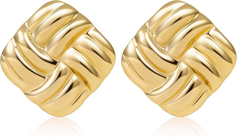 Chunky Gold Square Stud Earrings for Women Vintage Textured Statement Earrings 18K Gold Plated Stainless Steel Hypoallergenic Jewelry for Party Office Daily Wear