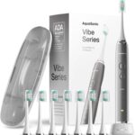 Aquasonic Vibe Series Ultra-Whitening Toothbrush  ADA Accepted Electric Toothbrush - 8 Brush Heads & Travel Case  40,000 VPM Motor & Wireless Charging - 4 Modes w Smart Timer  Charcoal Metallic