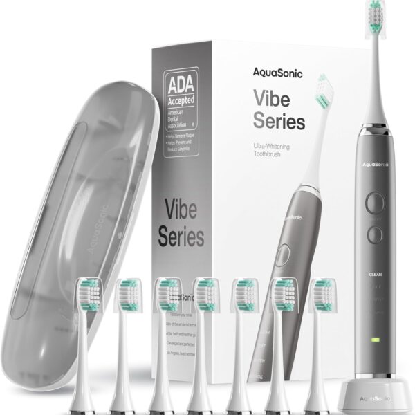 Aquasonic Vibe Series Ultra-Whitening Toothbrush  ADA Accepted Electric Toothbrush - 8 Brush Heads & Travel Case  40,000 VPM Motor & Wireless Charging - 4 Modes w Smart Timer  Charcoal Metallic