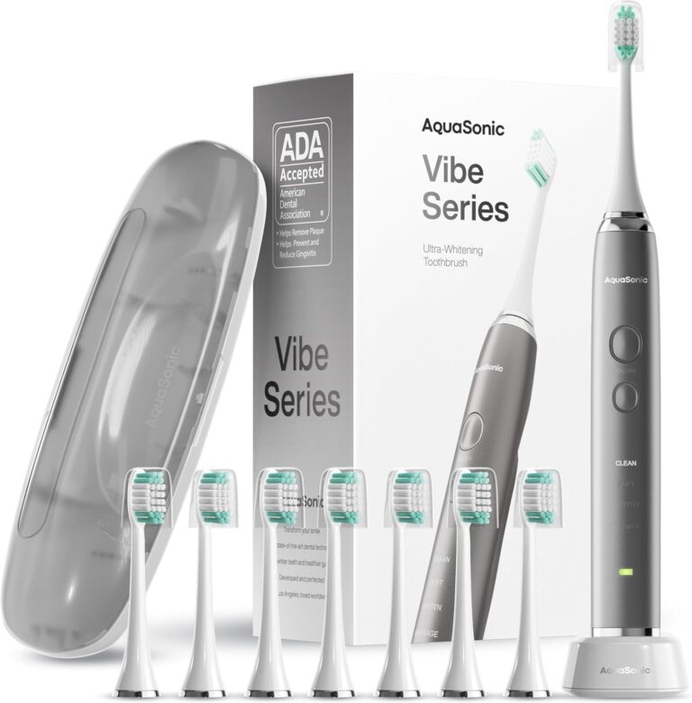 Aquasonic Vibe Series Ultra-Whitening Toothbrush  ADA Accepted Electric Toothbrush - 8 Brush Heads & Travel Case  40,000 VPM Motor & Wireless Charging - 4 Modes w Smart Timer  Charcoal Metallic
