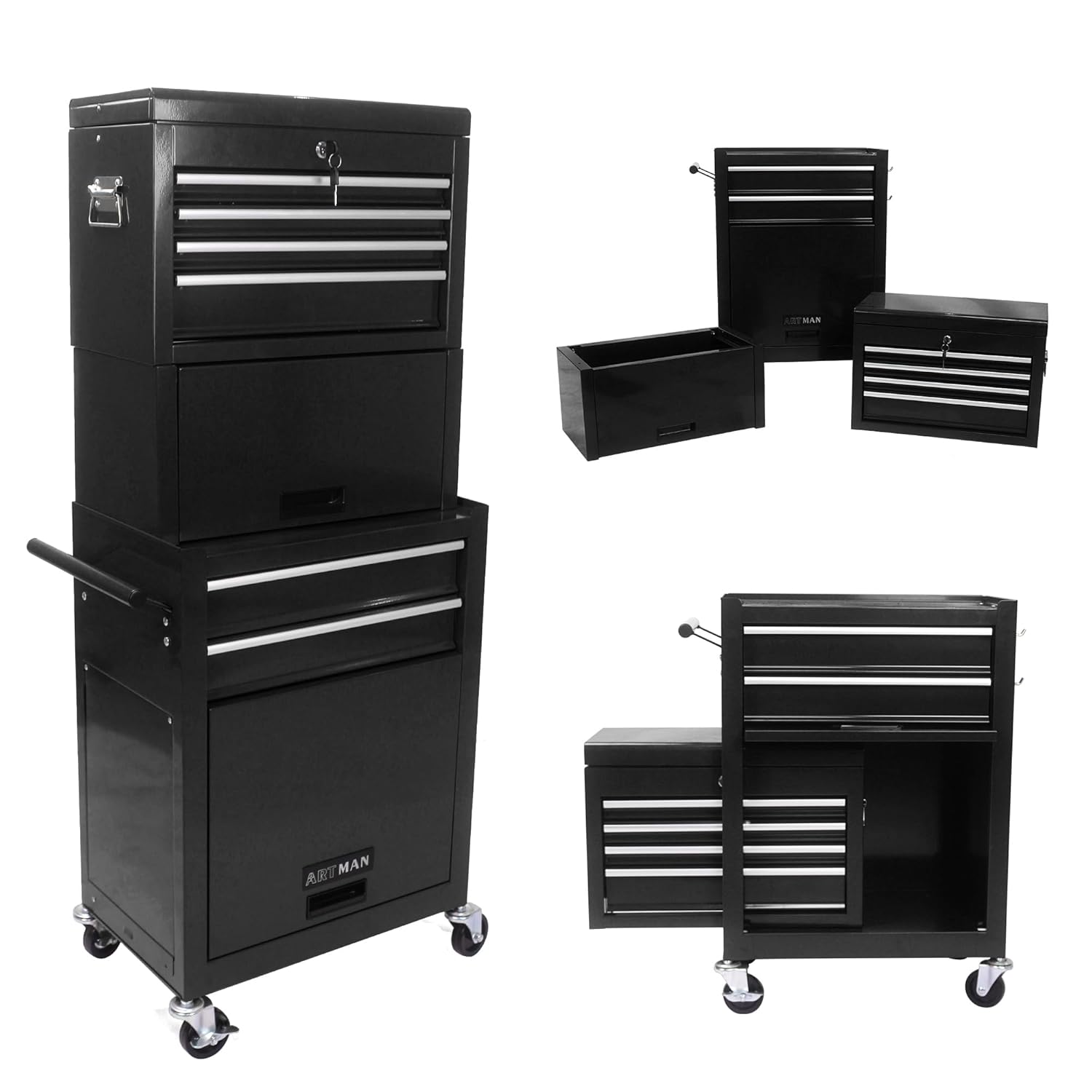 Rolling Tool Chest, Garage Tool Box, 6-Drawer and 2 Cabinets Lockable Tool Cabinet, 2 in 1 Detachable Tool Box Storage Organizer Suitable for Workshops, Warehouses, Repair Shops, Black Rolling Tool Chest, Garage Tool Box, 6-Drawer and 2 Cabinets Lockable Tool Cabinet, 2 in 1 Detachable Tool Box Storage Organizer Suitable for Workshops, Warehouses, Repair Shops, Black