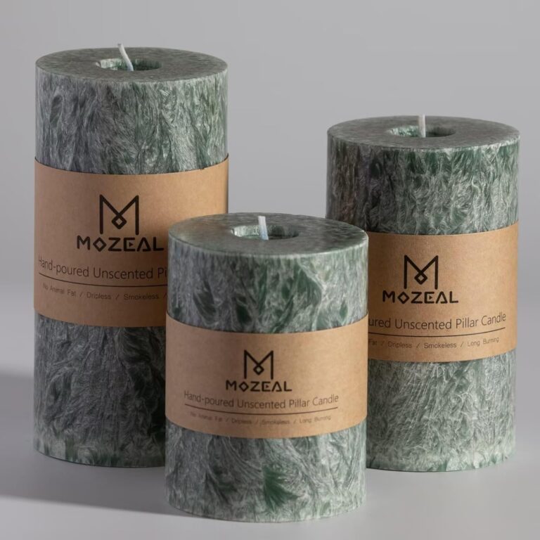 MOZEAL Hand-Poured, Unscented Green Crystal Pillar Decorative Candles, Elegant Set of 3 in Different Sizes (3"x4", 3"x5", 3"x6"), Luxurious Dcor for Christmas Homes & Events