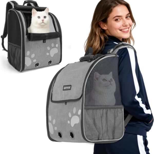 Cat Backpack Carrier with Comfort Handle, Ventilated Cat Backpack with Reflective Strips, with Chest and Shoulder Buckles, Foldable Cat Carrying Backpack for Kitty Small Dog up to 15lbs(Grey).