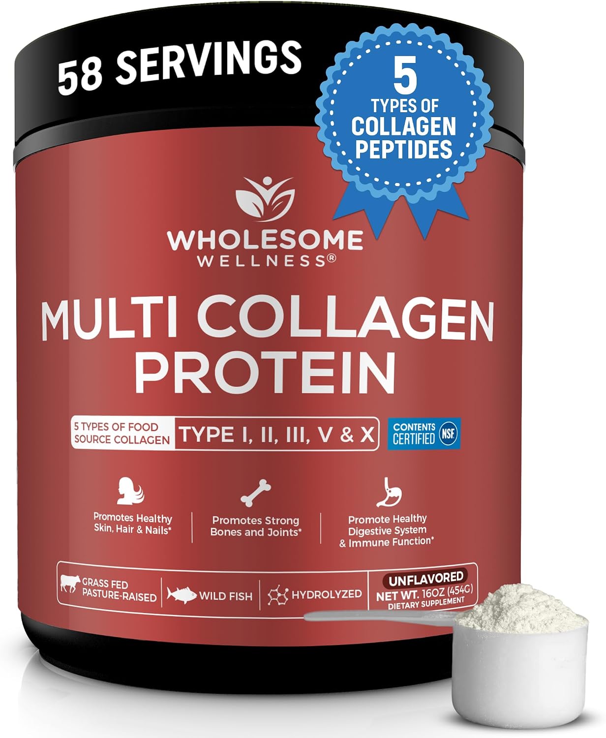 Wholesome Wellness Premium Multi Collagen Peptides Protein Powder for Women and Men, 5 Types of Hydrolyzed Collagen, Grass-Fed, Non-GMO & Unflavored, Pure Protein for Youthful Skin & Joint Recovery Wholesome Wellness Premium Multi Collagen Peptides Protein Powder for Women and Men, 5 Types of Hydrolyzed Collagen, Grass-Fed, Non-GMO & Unflavored, Pure Protein for Youthful Skin & Joint Recovery