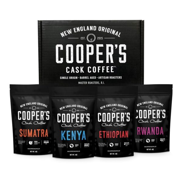 Gourmet Coffee Sampler Gift Box Set, Roasted Coffee Ground, Sumatra Dark, Kenya AA Medium-Dark, Rwanda Medium, Natural Ethiopian Light, Ground, 4 Bags, 16 oz Total