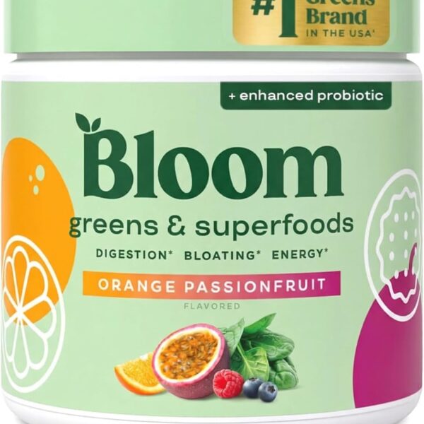 Bloom Nutrition Superfood Greens Powder, Digestive Enzymes with Probiotics and Prebiotics, Gut Health, Bloating Relief for Women, Chlorella, Juice Mix w/Beet Root Powder, 30 SVG, Orange Passionfruit