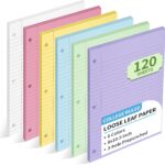 6 Color Loose Leaf Paper College Ruled, 120 Sheets 8" X 10.5" Colored Notebook Paper, 3-Hole Punched 70 Gsm Lined Paper For 3-Ring Binders, Loose Leaf Office Paper