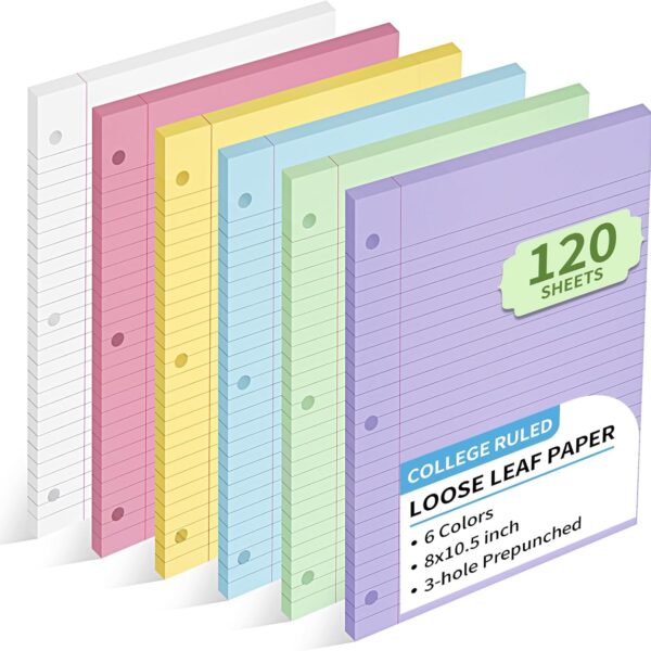 6 Color Loose Leaf Paper College Ruled, 120 Sheets 8" X 10.5" Colored Notebook Paper, 3-Hole Punched 70 Gsm Lined Paper For 3-Ring Binders, Loose Leaf Office Paper