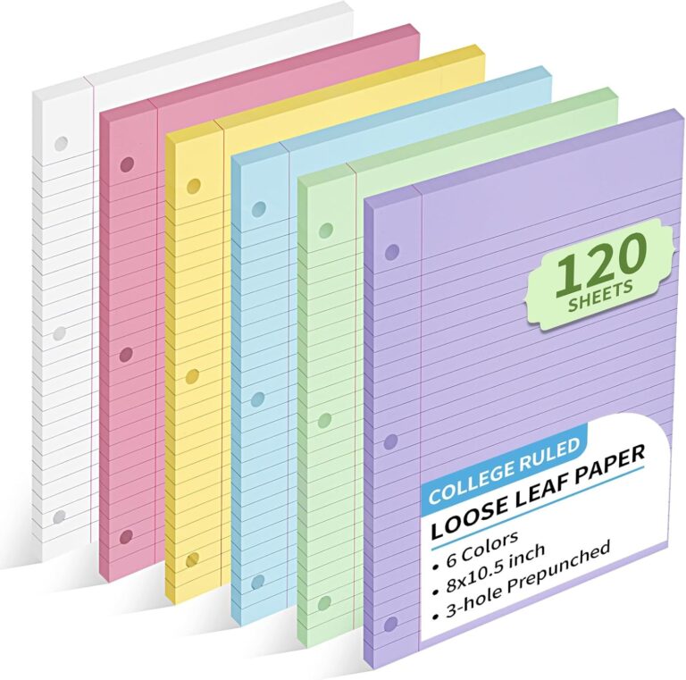 6 Color Loose Leaf Paper College Ruled, 120 Sheets 8" X 10.5" Colored Notebook Paper, 3-Hole Punched 70 Gsm Lined Paper For 3-Ring Binders, Loose Leaf Office Paper