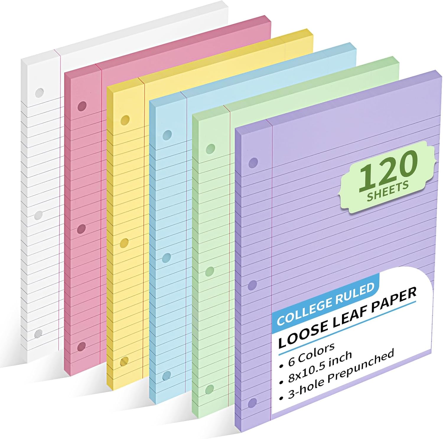 6 Color Loose Leaf Paper College Ruled, 120 Sheets 8" X 10.5" Colored Notebook Paper, 3-Hole Punched 70 Gsm Lined Paper For 3-Ring Binders, Loose Leaf Office Paper 6 Color Loose Leaf Paper College Ruled, 120 Sheets 8" X 10.5" Colored Notebook Paper, 3-Hole Punched 70 Gsm Lined Paper For 3-Ring Binders, Loose Leaf Office Paper