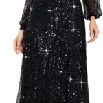 Ever Pretty Women's Elegant Formal Evening Dresses V Neck A-Line Floor Length Long Sleeves Sequin Holiday Party Dress