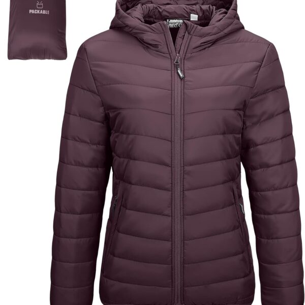 Outdoor Ventures Women's Packable Lightweight Full-Zip Puffer Jacket with Hood Quilted Winter Coat