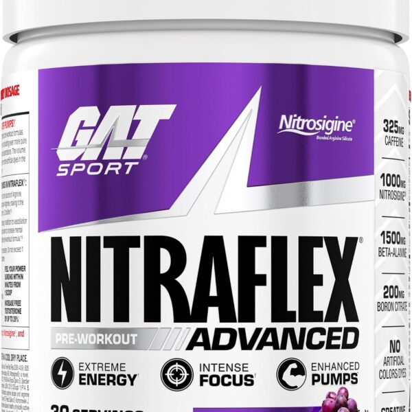 GAT SPORT Nitraflex Advanced Pre-Workout Powder - Energy Drink Mix - Supports Healthy Blood Flow - Boosts Strength & Energy - Creatine-Free - 30 Servings - Grape