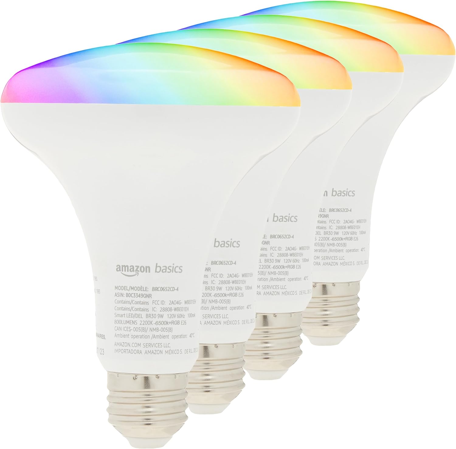 Amazon Basics Smart BR30 LED Light Bulbs, Color Changing, 9W (60W Equivalent), 800LM, Energy Efficient, Voice Control, Works with Alexa Only, 2.4 GHz Wi-Fi, No Hub Required, 4-Pack Amazon Basics Smart BR30 LED Light Bulbs, Color Changing, 9W (60W Equivalent), 800LM, Energy Efficient, Voice Control, Works with Alexa Only, 2.4 GHz Wi-Fi, No Hub Required, 4-Pack