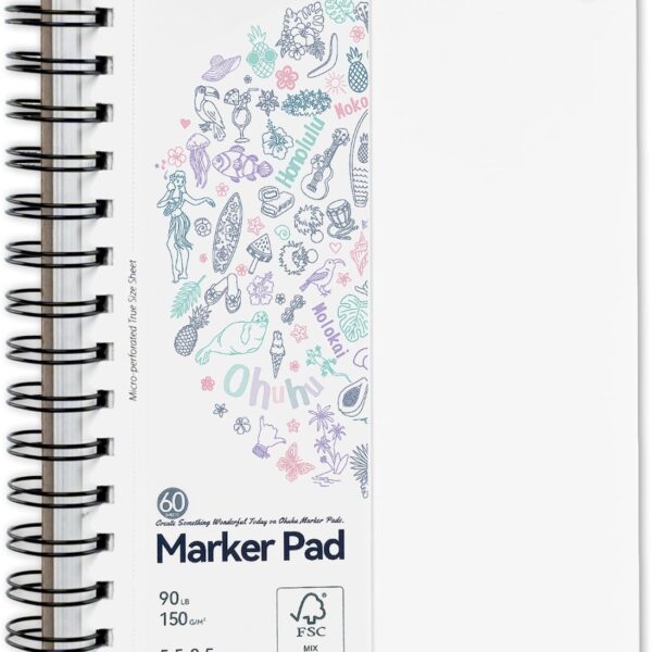 Ohuhu Double-Sided Marker Pads Art Sketchbook Bleedproof - 5.5"x8.5" Small Paper Size - 90 lb/150 gsm Smooth Drawing Paper - 60 Sheets/120 Pages, Spiral Bound Sketching Book for Alcohol Markers Paints