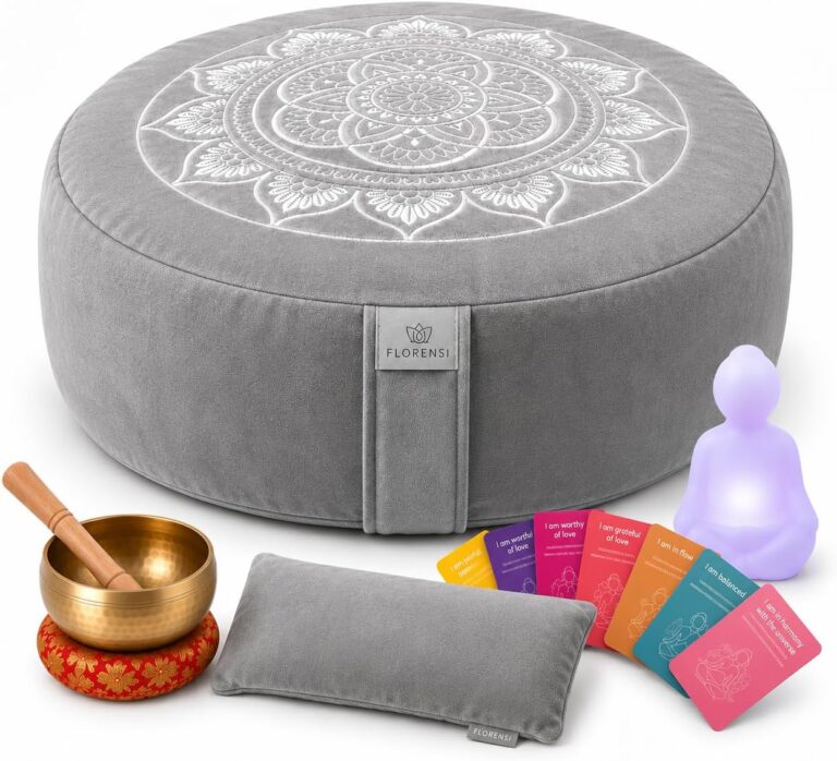 Meditation Cushion Set with Buckwheat Zafu, Breathing Light, Singing Bowl, Eye Pillow & Affirmation Cards  Meditation Kit for Beginners, Mindfulness Gift Set for Stress Relief & Yoga