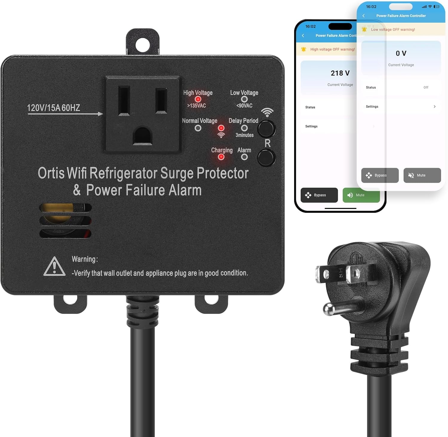Wi-Fi Smart Power Failure Alarm with Surge Protector, Remotely Monitor and Control Your Refrigerator Via App, Ensuring The Safety of Refrigerator and Food Stored Inside, Black Wi-Fi Smart Power Failure Alarm with Surge Protector, Remotely Monitor and Control Your Refrigerator Via App, Ensuring The Safety of Refrigerator and Food Stored Inside, Black