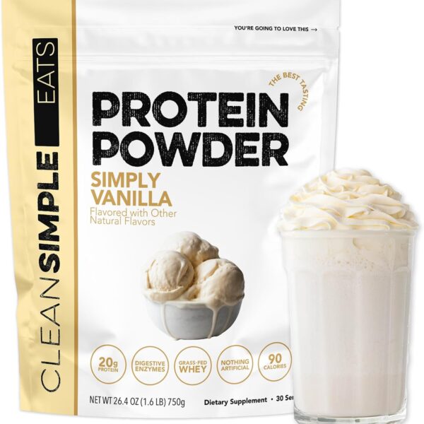 Clean Simple Eats Whey Isolate Protein Powder, Simply Vanilla, Naturally Sweetened, Zero Added Sugar, 20g 100% Grass Fed Protein Powder with Digestive Enzymes, Gluten Free, Non GMO, 30 Servings