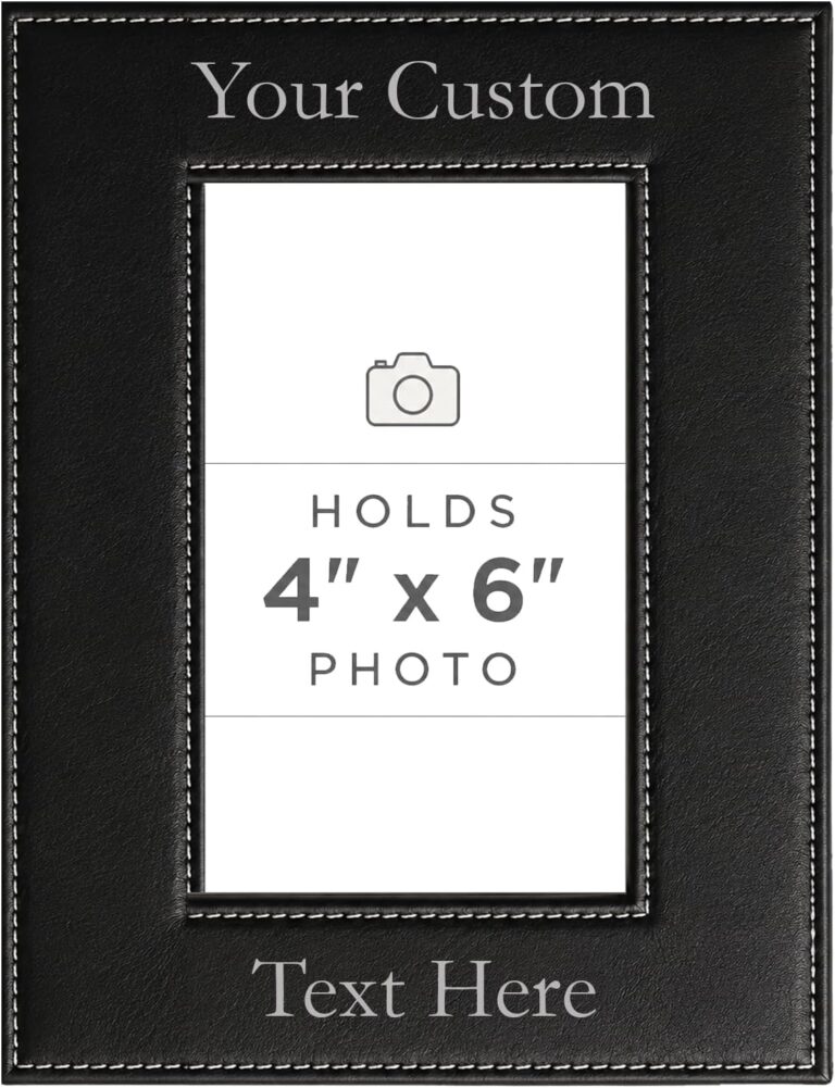 CustomGiftsNow Personalized Add Your Custom Text Engraved Leatherette Faux Leather Hanging/Tabletop Personalized Group Family Photo Picture Frame (Black, 4x6-inch Vertical)
