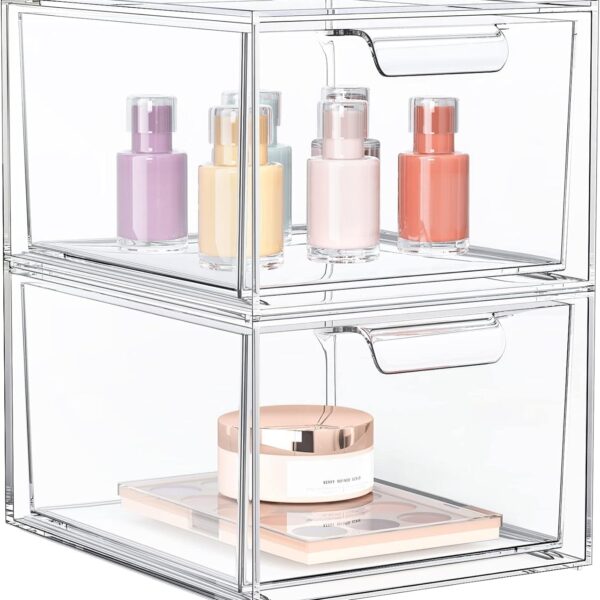 SpaceHacks 2 Pack Stackable Makeup Organizer and Storage, Acrylic OrganizersClear Plastic Storage Drawer with Handles for Vanity, Undersink, Kitchen Cabinets, Pantry