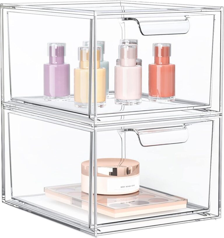 SpaceHacks 2 Pack Stackable Makeup Organizer and Storage, Acrylic OrganizersClear Plastic Storage Drawer with Handles for Vanity, Undersink, Kitchen Cabinets, Pantry