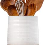 6.8" Large Ceramic Kitchen Utensil Holder - Utensil Holder for Kitchen Counter, Modern Farmhouse Style Holder for Spoons, Spatulas & Cooking Tools (White)