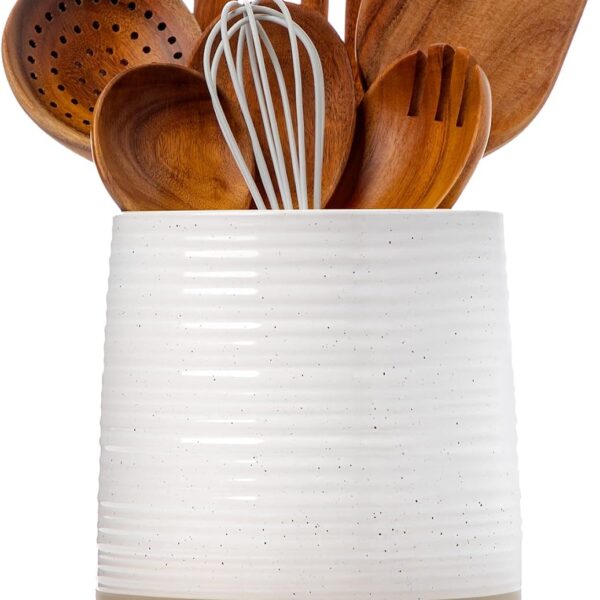 6.8" Large Ceramic Kitchen Utensil Holder - Utensil Holder for Kitchen Counter, Modern Farmhouse Style Holder for Spoons, Spatulas & Cooking Tools (White)