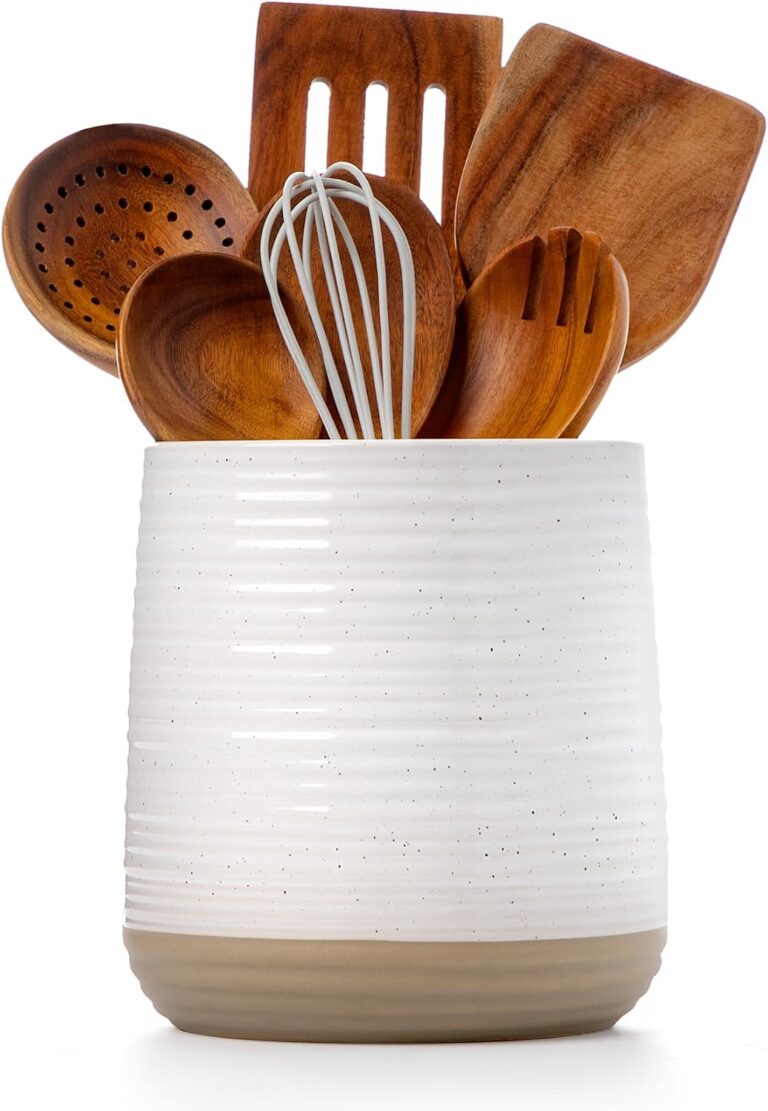 6.8" Large Ceramic Kitchen Utensil Holder - Utensil Holder for Kitchen Counter, Modern Farmhouse Style Holder for Spoons, Spatulas & Cooking Tools (White)