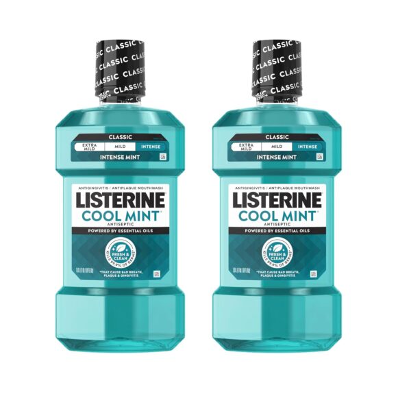Listerine Mouthwash Cool Mint Antiseptic Treatment for Adults Kills 99.9% of Germs that Cause Bad Breath Plaque Gingivitis in a Daily Intense Mint Mouthwash, 2 Pack of 33.8 fl oz/1 L