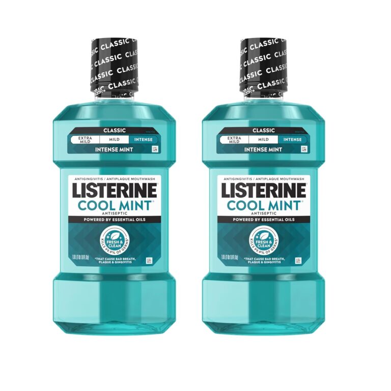 Listerine Mouthwash Cool Mint Antiseptic Treatment for Adults Kills 99.9% of Germs that Cause Bad Breath Plaque Gingivitis in a Daily Intense Mint Mouthwash, 2 Pack of 33.8 fl oz/1 L