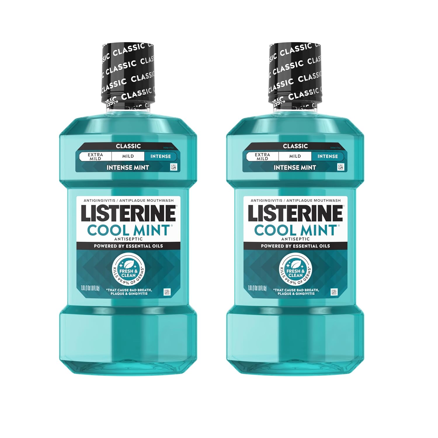 Listerine Mouthwash Cool Mint Antiseptic Treatment for Adults Kills 99.9% of Germs that Cause Bad Breath Plaque Gingivitis in a Daily Intense Mint Mouthwash, 2 Pack of 33.8 fl oz/1 L Listerine Mouthwash Cool Mint Antiseptic Treatment for Adults Kills 99.9% of Germs that Cause Bad Breath Plaque Gingivitis in a Daily Intense Mint Mouthwash, 2 Pack of 33.8 fl oz/1 L