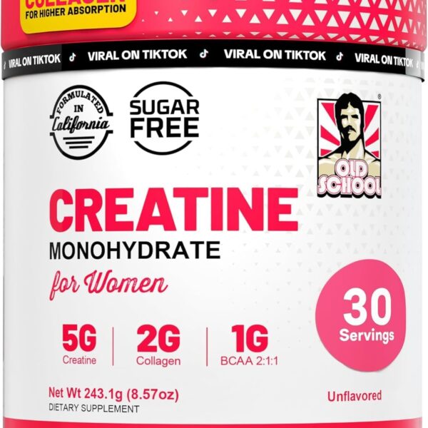 Old School Labs Creatine for Women  Post-Workout Supplement with 5000mg Creatine Monohydrate Powder, 2000mg Collagen & BCAA 2:1:1 for Strength Support & Recovery  Unflavored - 8.57 Ounce (Pack of 1)