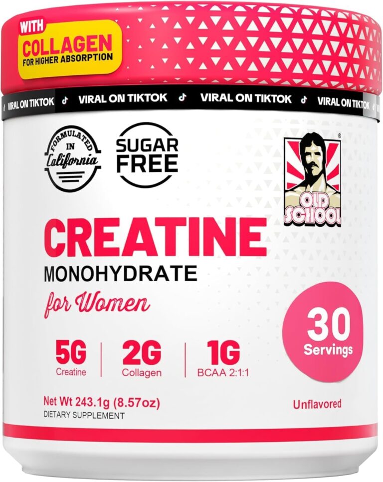 Old School Labs Creatine for Women  Post-Workout Supplement with 5000mg Creatine Monohydrate Powder, 2000mg Collagen & BCAA 2:1:1 for Strength Support & Recovery  Unflavored - 8.57 Ounce (Pack of 1)