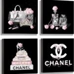 Meetdeceny Black And White Wall Art/Pink Book Pictures Room Decor for Teen Girls/Women Handbag Perfume Wall Decor for Living Room/Fashion Canvas Artwork Size 10"x 10"x 4 Pieces