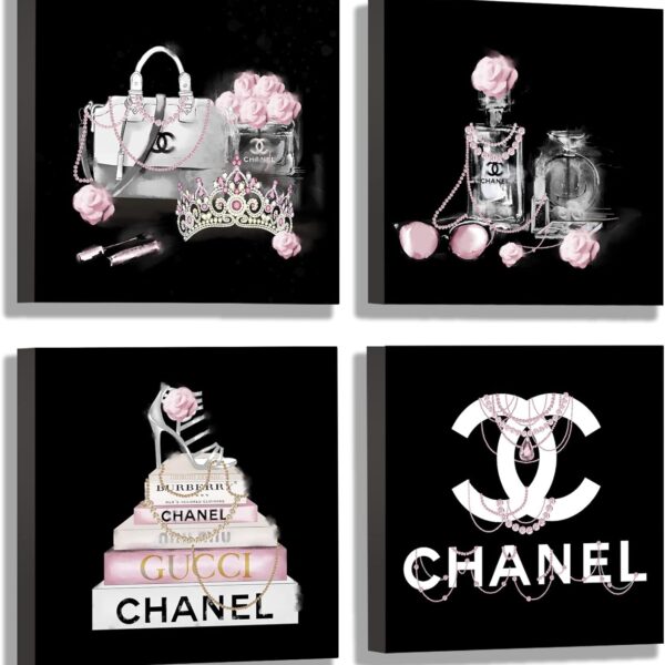 Meetdeceny Black And White Wall Art/Pink Book Pictures Room Decor for Teen Girls/Women Handbag Perfume Wall Decor for Living Room/Fashion Canvas Artwork Size 10"x 10"x 4 Pieces