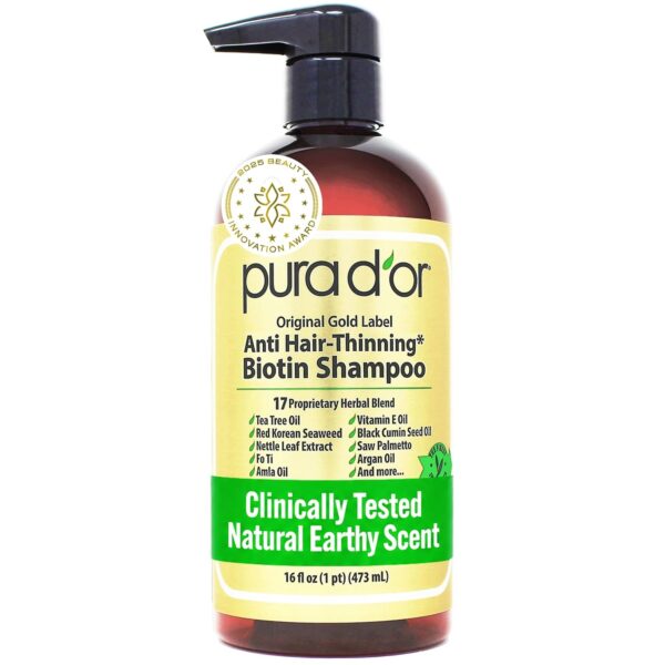 PURA D'OR Original Gold Label Anti-Thinning Shampoo - CLINICALLY TESTED - Biotin & Argan Oil Sulfate-Free Strengthening & Volumizing for Fuller-Looking Hair, Men & Women, Natural Earthy Scent 16 oz