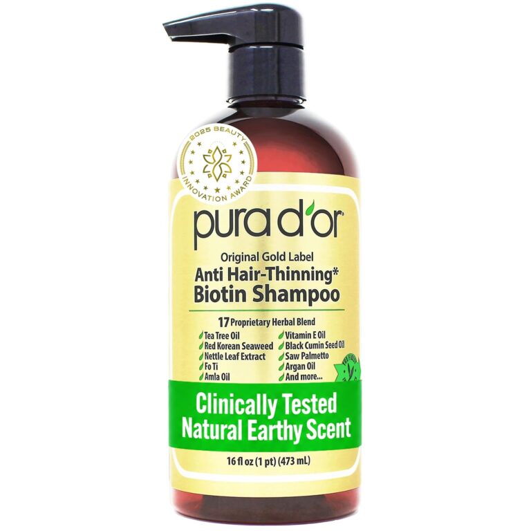 PURA D'OR Original Gold Label Anti-Thinning Shampoo - CLINICALLY TESTED - Biotin & Argan Oil  Sulfate-Free Strengthening & Volumizing for Fuller-Looking Hair, Men & Women, Natural Earthy Scent 16 oz
