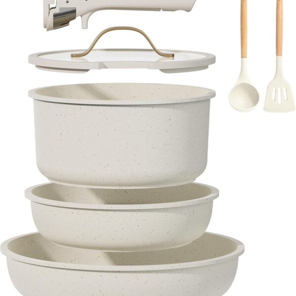 CAROTE 7pcs Pots and Pans Set Non Stick, Cookware Set with Detachable Handle, Kitchen Cookware Sets with Removable Handle, RV Cookware Set, Oven Safe, Cream White