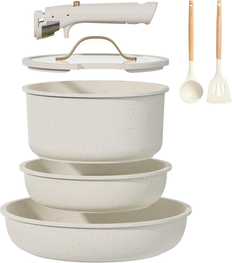 CAROTE 7pcs Pots and Pans Set Non Stick, Cookware Set with Detachable Handle, Kitchen Cookware Sets with Removable Handle, RV Cookware Set, Oven Safe, Cream White