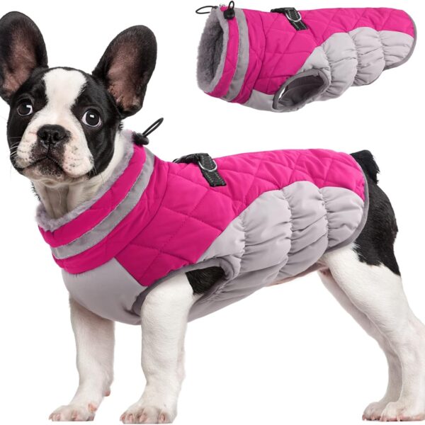 FUAMEY Dog Coat for Small Dogs,Waterproof Dog Winter Jacket with Harness Built in Puppy Cold Weather Coats Reflective Pet Vest with Zipper Warm Fleece Dogs Snowsuit Windproof Pink S