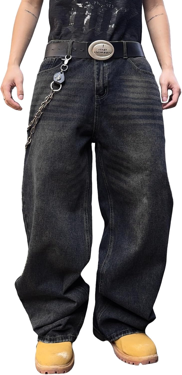 DFGIGT Mens Streetwear Hip Hop Baggy Jeans Wide Leg Skater Denim Pants Loose Long Trousers DFGIGT Mens Streetwear Hip Hop Baggy Jeans Wide Leg Skater Denim Pants Loose Long Trousers