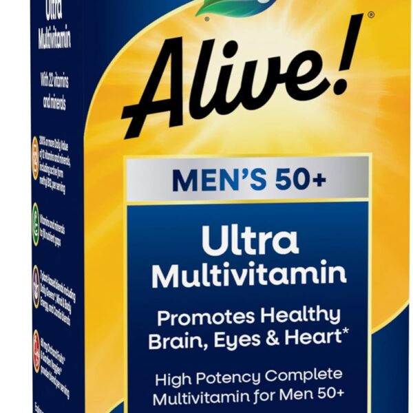 Nature's Way Alive! Ultra Potency Multivitamin for Men 50 Plus, Complete High Potency Formula with Vitamin D3, C, E, Methyl B12, Supports Cellular Energy, Heart, Brain, and Eye Health,* 60 Tablets