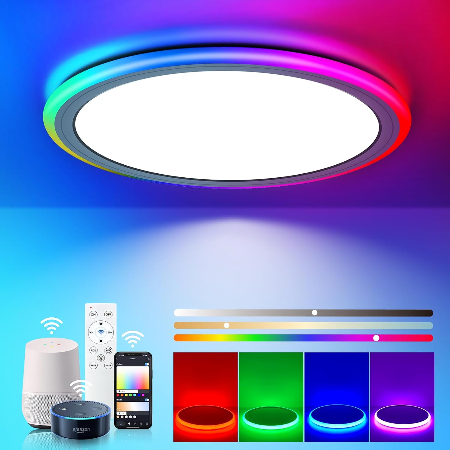BLNAN Smart RGB LED Flush Mount Ceiling Light with Remote, 13 Inch 24W Dimmable Color Changing Low Profile Wired White Fixture, Works with Alexa Google Home App for Bedroom Living Kids Room Party BLNAN Smart RGB LED Flush Mount Ceiling Light with Remote, 13 Inch 24W Dimmable Color Changing Low Profile Wired White Fixture, Works with Alexa Google Home App for Bedroom Living Kids Room Party