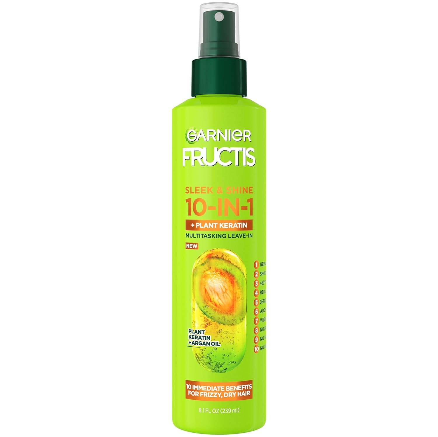 Garnier Fructis Sleek & Shine 10-in-1 Leave In Conditioner Spray for Dry, Frizzy Hair, Heat Protectant Up to 450F with Argan Oil & Plant Keratin, Provides Flyaway and Frizz Control, 8.1 Fl Oz Garnier Fructis Sleek & Shine 10-in-1 Leave In Conditioner Spray for Dry, Frizzy Hair, Heat Protectant Up to 450F with Argan Oil & Plant Keratin, Provides Flyaway and Frizz Control, 8.1 Fl Oz