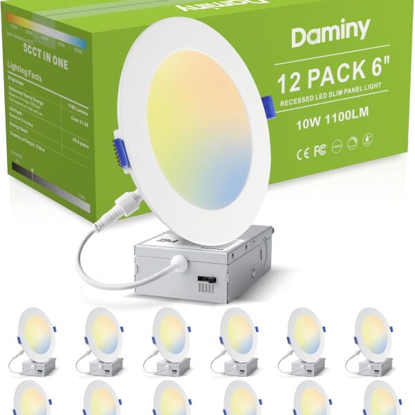 DAMINY 12 Pack 6 Inch LED Recessed Lighting with Junction Box,5CCT,Ultra-Thin Recessed Light,10W 1100LM, Dimmable Canless Wafer Ceiling Light, High Brightness